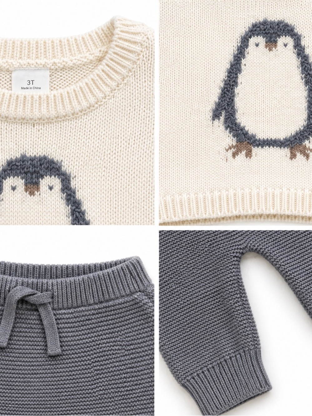 Carter’s 3T Toddler  Set Penguin Sweater Knit Pants Gray Cream Cozy Unisex NWT - Picture 4 of 5